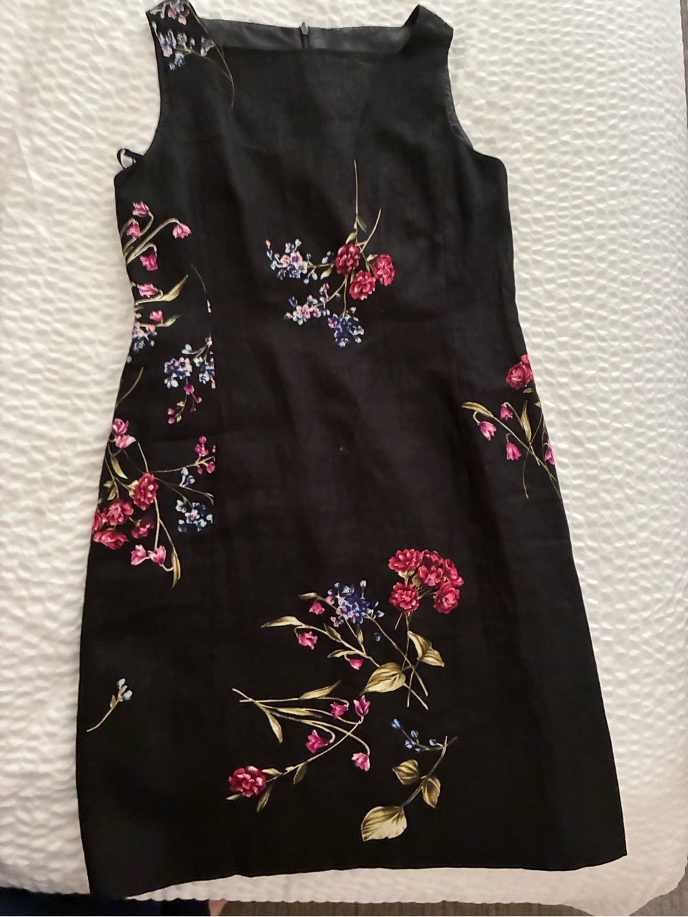 Jones New York Dress Petite 6P Black Linen Floral Sheath Sleeveless Lined - Picture 2 of 5